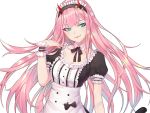  1girl alternate_costume apron darling_in_the_franxx enmaided eyebrows_visible_through_hair green_eyes horns kaiend long_hair looking_at_viewer maid maid_headdress pink_hair short_sleeves simple_background smile solo very_long_hair white_apron white_background zero_two_(darling_in_the_franxx) 