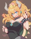  1girl armlet artist_name bare_shoulders black_dress black_nails blonde_hair blue_eyes blush bowsette bracelet breasts breathing_fire cleavage collar commentary crown dress earrings english_commentary fire horns jewelry large_breasts looking_at_viewer super_mario_bros. nail_polish new_super_mario_bros._u_deluxe nintendo open_mouth pointy_ears ponytail sharp_teeth spiked_bracelet spiked_collar spiked_shell spikes strapless strapless_dress super_crown super_mario_bros. teeth turtle_shell yume_ou 