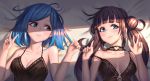  2girls bangs bare_arms bare_shoulders bed_sheet black_camisole black_choker blue_eyes blue_hair blunt_bangs braid breasts brown_eyes brown_hair camisole choker cleavage closed_mouth collarbone double_bun eyebrows_visible_through_hair fingernails french_braid hands_up highres light long_hair looking_at_another looking_at_viewer lying medium_breasts medium_hair moonandmist multiple_girls on_back original parted_bangs shade shiny shiny_hair sidelocks smile strap_slip twintails upper_body v w 