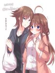  2girls ahoge blazer blue_eyes blue_jacket blush blush_stickers brown_hair clenched_hand collarbone ears_visible_through_hair eyebrows_visible_through_hair flying_sweatdrops green_shirt head_tilt hiei_(kantai_collection) jacket kantai_collection kongou_(kantai_collection) long_hair long_sleeves looking_at_viewer multiple_girls nanoha-h orange_blazer shirt short_hair twitter_username white_background yuri 