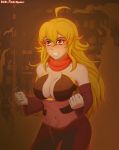  ahoge blonde_hair breasts building cleavage commentary english_commentary fire fl00rmaster highres large_breasts long_hair orange_background orange_scarf red_eyes rwby scarf sorceress tagme vambraces wavy_hair yang_xiao_long 