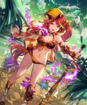  1girl animal bare_shoulders baseball_bat baseball_cap beach bikini bird blurry blurry_foreground boots bracer braid breasts brown_bikini cape character_request cleavage clouds cloudy_sky day depth_of_field dutch_angle fire gauntlets green_eyes green_sky hair_between_eyes hand_up hat hermit_crab highres holding large_breasts lee_hyeseung long_hair looking_at_viewer navel ocean official_art open_mouth outdoors oversized_animal redhead sand seagull shingeki_no_bahamut side-tie_bikini sideways_hat single_braid sky solo standing summer swimsuit very_long_hair watermark 