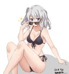  1girl bikini black_bikini blue_eyes blush breasts closed_mouth eyebrows_visible_through_hair grey_hair hair_between_eyes kantai_collection kashima_(kantai_collection) long_hair medium_breasts meguru_(megurunn) simple_background sitting solo swimsuit twintails twitter_username white_background 