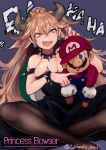  1boy 1girl absurdres artist_name big_nose black_dress black_legwear blonde_hair blue_eyes bowsette bracelet breasts character_name choker cleavage crown dress earrings facial_hair hat_over_one_eye highres horns jewelry large_breasts long_hair looking_at_viewer mario super_mario_bros. mini_crown mustache new_super_mario_bros._u_deluxe nintendo overalls pantyhose sharp_teeth sitting sitting_on_lap sitting_on_person spiked_armlet spiked_bracelet spiked_choker spikes super_crown super_mario_bros. teeth tokiwata_soul very_long_hair 