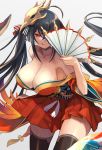  1girl :q ahoge anchor_symbol azur_lane bangs bare_shoulders black_hair black_legwear blush breasts cleavage collarbone commentary_request eyebrows_visible_through_hair fan feathers floating_hair folding_fan gold_trim grey_background hair_between_eyes hair_ornament hair_ribbon highres holding holding_fan huge_breasts japanese_clothes kimono large_breasts long_hair looking_at_viewer mask mask_on_head obi one_eye_covered red_eyes red_kimono ribbon sash short_kimono short_yukata side_sleeves sidelocks simple_background smile solo taihou_(azur_lane) tassel thigh-highs tongue tongue_out twintails very_long_hair wide_sleeves yukata yuuko_(elmo) 