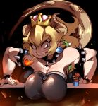  1girl bare_shoulders black_dress blonde_hair bowsette bracelet breasts collar crown doppel_(pixiv) dress earrings eyelashes fangs giantess grin highres horns jewelry large_breasts lizard_tail mario super_mario_bros. new_super_mario_bros._u_deluxe nintendo pointy_ears red_eyes slit_pupils smile solo_focus spiked_bracelet spiked_collar spikes super_crown tail 