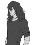  1boy aizawa_shouta bandage bandaged_arm bandages boku_no_hero_academia commentary commentary_request english_commentary facial_hair greyscale kanapy long_hair looking_at_viewer male_focus monochrome shirt simple_background solo stubble upper_body white_background zzz 