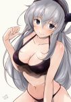  1girl bangs bikini black_headband breasts cleavage collarbone commentary_request cowboy_shot eyebrows_visible_through_hair frilled_bikini frills grey_eyes hair_between_eyes hazuki_futahi kantai_collection large_breasts long_hair navel purple_bikini sidelocks signature silver_hair smile solo suzutsuki_(kantai_collection) swimsuit yellow_background 