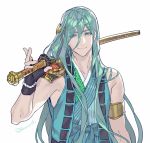  1boy aqua_eyes aqua_hair armlet black_gloves chiyoganemaru closed_mouth fingerless_gloves gloves hair_ornament holding holding_sword holding_weapon japanese_clothes long_hair looking_at_viewer male_focus over_shoulder pota_(bluegutty) sheath sheathed smile solo sword touken_ranbu twitter_username upper_body very_long_hair weapon white_background 