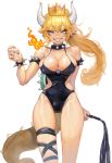  1girl absurdres black_nails blonde_hair blue_eyes bowsette bracelet breasts cleavage clenched_teeth collar crown earrings eyebrows_visible_through_hair highres horns jewelry large_breasts long_hair looking_at_viewer super_mario_bros. nail_polish new_super_mario_bros._u_deluxe nintendo pointy_ears ponytail romana sharp_teeth simple_background smile solo spiked_armlet spiked_bracelet spiked_collar spikes standing super_crown super_mario_bros. tail teeth whip white_background 