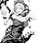  1girl absurdres artist_name bare_shoulders bowsette bracelet breasts cleavage collar crown dated dress fireball greyscale highres horns jewelry jun2 looking_at_viewer super_mario_bros. monochrome new_super_mario_bros._u_deluxe nintendo sharp_teeth simple_background solo spiked_bracelet spiked_collar spikes super_crown tail teeth 