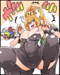  1boy 1girl :d ass black_dress black_legwear black_nails blonde_hair blue_eyes bowsette breasts cleavage dress earrings highres horns jewelry large_breasts looking_at_viewer mario super_mario_bros. nac000 nail_polish nintendo open_mouth pointy_ears ponytail sharp_teeth sleeveless sleeveless_dress smile squatting super_mario_bros. teeth thigh-highs turtle_shell 