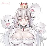  1girl blush breasts cleavage crown dress eyebrows_visible_through_hair gloves hair_between_eyes himino0 large_breasts long_hair looking_at_viewer super_mario_bros. new_super_mario_bros._u_deluxe nintendo open_mouth princess_king_boo red_eyes sharp_teeth super_crown super_mario_bros. teeth tongue violet_eyes white_dress white_gloves white_hair 