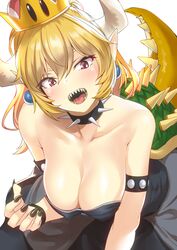  1girl bare_shoulders blonde_hair blue_eyes bowsette bracelet breasts cleavage collar crown dress earrings highres horns jewelry large_breasts long_hair looking_at_viewer super_mario_bros. new_super_mario_bros._u_deluxe nintendo nukkoru pointy_ears ponytail sharp_teeth shell smile solo spiked_bracelet spiked_collar spikes super_crown tail teeth 