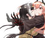  2girls black_hair cheek_kiss closed_mouth commentary_request girls_frontline highres hug kiss korean_commentary m4_sopmod_ii_(girls_frontline) mechanical_hand multiple_girls one-piece_swimsuit pink_hair red_eyes ro635_(girls_frontline) sd_bigpie swimsuit yuri 