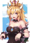  1girl bare_shoulders blonde_hair blue_eyes blue_sky bowsette bracelet breasts cleavage clouds cloudy_sky collar crown day dress earrings horns jewelry large_breasts long_hair looking_at_viewer super_mario_bros. nintendo ponytail re_(re_09) sharp_teeth sky smile solo spiked_bracelet spiked_collar spikes super_crown teeth 