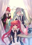  1girl 2boys adjusting_hair ahoge ainchase_ishmael april_fools blush butler camera closed_eyes elesis_(elsword) elsword elsword_(character) eyebrows_visible_through_hair fang highres long_hair maid mirror multicolored_hair multiple_boys ribbon sitting smile sparkle star star-shaped_pupils symbol-shaped_pupils two-tone_hair xes_(xes_5377) 