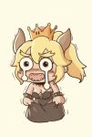  1girl bangs bare_shoulders black_collar black_dress blonde_hair bowsette bracelet breasts chibi cleavage collar crown crying dress dress_lift earrings eyebrows_visible_through_hair full_body horns jewelry large_breasts lifted_by_self long_hair super_mario_bros. new_super_mario_bros._u_deluxe nintendo ponytail seigetsu_kotaku sharp_teeth solo spiked_bracelet spiked_collar spikes strapless strapless_dress super_crown super_mario_rpg teeth thick_eyebrows trembling 