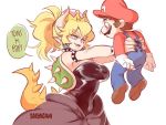  1boy 1girl armlet bare_shoulders black_dress blonde_hair blue_eyes bowsette bracelet breasts collar crown dress fangs gina_chacon horns jewelry mario super_mario_bros. new_super_mario_bros._u_deluxe nintendo ponytail sharp_teeth spiked_bracelet spiked_collar spiked_shell spiked_tail spikes super_crown tail teeth text_focus turtle_shell 