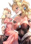  2girls ayyk92 bare_shoulders black_dress black_leotard blonde_hair blue_eyes blush bowsette bracelet breasts collar crown denchu_(kazudentyu) dress earrings highres horns jewelry large_breasts leotard super_mario_bros. multiple_girls new_super_mario_bros._u_deluxe nintendo pointy_ears ponytail princess_peach sharp_teeth size_difference spiked_bracelet spiked_collar spikes strapless strapless_dress strapless_leotard super_crown super_mario_bros. teeth yuri 