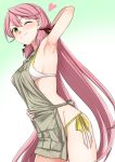  1girl akashi_(kantai_collection) apron arm_up armpits bangs bikini blush breasts closed_mouth commentary_request cowboy_shot eyebrows_visible_through_hair green_bikini green_eyes hair_between_eyes hair_ribbon heart kantai_collection kumadano long_hair looking_at_viewer low_twintails one_eye_closed pink_hair ribbon side-tie_bikini sideboob simple_background smile solo standing swimsuit twintails very_long_hair 