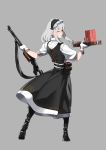  1girl benelli_m1014 benelli_m4 boots closed_eyes gloves gun highres holding holding_weapon ihobus maid maid_headdress medium_hair original short_sleeves shotgun shotgun_shells simple_background sling solo weapon 