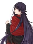  1girl asagami_fujino bangs black_ribbon commentary_request dress elfenlied22 fate/grand_order fate_(series) hair_ribbon head_tilt highres japanese_clothes kara_no_kyoukai long_hair long_sleeves looking_at_viewer parted_lips purple_hair red_eyes ribbon short_hair simple_background smile solo standing teeth tied_hair very_long_hair white_background 
