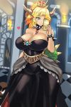 1girl armlet bare_shoulders black_dress blonde_hair blue_eyes bowsette bracelet breasts cellphone cleavage collar crown curvy dress goomba heart highres horns huge_breasts jewelry super_mario_bros. nail_polish new_super_mario_bros._u_deluxe nintendo paid_reward patreon_reward phone revision self_shot senria smartphone solo_focus spiked_bracelet spiked_collar spikes super_crown wide_hips 