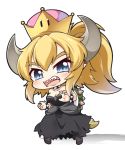  1girl :d bangs black_dress black_footwear blonde_hair blue_eyes blush bowsette bracelet breasts brown_legwear chibi cleavage collar commentary_request crown dress eyebrows_visible_through_hair full_body hair_between_eyes head_tilt horns jewelry long_hair super_mario_bros. medium_breasts mini_crown new_super_mario_bros._u_deluxe nintendo open_mouth pantyhose pointy_ears ponytail shachoo. shadow sharp_teeth smile solo spiked_bracelet spiked_collar spiked_shell spiked_tail spikes standing strapless strapless_dress super_crown tail teeth torn_clothes torn_dress turtle_shell white_background 