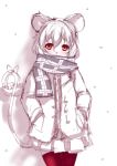  1girl animal animal_ears casual coat cold commentary_request contemporary greyscale monochrome mouse mouse_ears mouse_tail nazrin pleated_skirt red_eyes red_legwear scarf short_hair skirt solo soubi spot_color tail thigh-highs touhou white white_background winter_clothes 