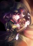  1girl bang_dream! bangs black_cape black_hat black_pants black_ribbon bow bowtie brooch cape eyes_visible_through_hair flower formal hair_between_eyes hat hat_feather hat_flower hat_ribbon highres holding holding_mask jewelry long_sleeves looking_at_viewer mask mask_removed masquerade_mask nakamae_ayako pants ponytail purple_hair purple_neckwear red_eyes red_flower red_rose ribbon rose seta_kaoru sidelocks smile solo suit top_hat 