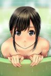  1girl bangs black_eyes black_hair blurry blurry_background blush breasts closed_mouth collarbone commentary_request depth_of_field eyebrows_visible_through_hair fingernails hair_between_eyes hands_up highres looking_at_viewer matsunaga_kouyou nose_blush nude original partially_submerged sidelocks small_breasts solo water wavy_mouth wet wet_hair 