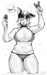  1girl :3 animal_ears bare_shoulders bikini blush breasts cat_ears commentary_request crab ear_down ear_wiggle elf-san_wa_yaserarenai. fang greyscale hair_over_one_eye hand_up highres holding huge_breasts looking_at_viewer monochrome one_eye_covered short_hair simple_background solo speech_bubble standing swimsuit synecdoche wet white_background 