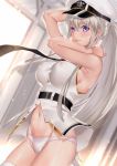  1girl armpits arms_up azur_lane bangs bare_arms bare_shoulders belt black_neckwear blush breasts clothes_writing commentary_request cowboy_shot day deras enterprise_(azur_lane) erect_nipples floating_hair gold_trim groin hand_behind_head hand_on_headwear hat indoors large_breasts light_particles long_hair looking_at_viewer navel necktie no_pants panties partially_unbuttoned peaked_cap shiny shiny_skin shirt sideboob silver_hair skindentation sleeveless sleeveless_shirt smile solo stomach sunlight taut_clothes taut_shirt thigh-highs thighs underwear very_long_hair violet_eyes white_panties wind window 