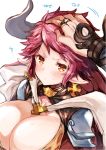  1boy 1girl animal_ears animal_print bangs blush bra breasts brown_bra cape cleavage closed_mouth collarbone commentary_request cow_ears cow_horns cross cross_earrings drang_(granblue_fantasy) earrings eno_yukimi granblue_fantasy hood hood_down hooded_cape horns huge_breasts jewelry leopard_print looking_at_viewer motion_lines orange_eyes out_of_frame petting pink_hair pointy_ears red_cape ring short_hair shoulder_armor sidelocks simple_background solo_focus spaulders sturm_(granblue_fantasy) sweatdrop underwear upper_body v-shaped_eyebrows white_background white_cape 