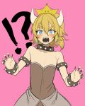  !? 1boy bare_shoulders black_nails blonde_hair blue_eyes bowsette bracelet crown dress earrings horns jewelry looking_at_viewer male_focus super_mario_bros. nail_polish new_super_mario_bros._u_deluxe nintendo open_mouth pink_background ponytail sakiyo_cake sharp_teeth simple_background solo spiked_bracelet spikes super_mario_bros. sweatdrop teeth trap 
