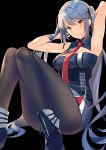  1girl armpits arms_behind_head azur_lane bangs bare_shoulders black_legwear black_ribbon blue_dress blue_footwear blue_gloves blue_hair blush braid breasts character_name cleavage collared_dress commentary dress essex_(azur_lane) eyebrows_visible_through_hair french_braid furrowed_eyebrows gloves hair_ribbon hair_spread_out hands_up highres holding holding_hair jun_project knees_together_feet_apart looking_at_viewer medium_breasts necktie no_cloak pantyhose parted_lips partly_fingerless_gloves red_neckwear revision ribbon short_dress sitting sleeveless solo twintails underbust yellow_eyes 