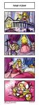  1girl 2boys 4koma balcony bed comic dated dress elbow_gloves gloves long_hair lying super_mario_bros. microphone microphone_stand mina_cream multiple_boys new_super_mario_bros._u_deluxe nintendo on_back on_bed pink_dress princess_peach removing_headwear signature silent_comic smile super_crown toad toadsworth transformation waving white_gloves 