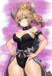  1girl absurdres bare_shoulders black_leotard blonde_hair blue_eyes blush bowsette breasts chobbb cleavage collar cowboy_shot doyagao earrings gluteal_fold hands_on_hips highleg highleg_leotard highres horns huge_filesize jewelry large_breasts leotard super_mario_bros. new_super_mario_bros._u_deluxe nintendo pointy_ears ponytail shell showgirl_skirt solo sparkle spiked_armlet spiked_collar spikes super_crown tail v-shaped_eyebrows wide_hips 