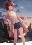  1girl beach black_shorts brown_eyes brown_hair clouds coat collarbone day dutch_angle eyebrows_visible_through_hair hair_between_eyes hand_in_pocket highres k-me looking_at_viewer open_clothes open_coat original outdoors pink_coat shirt short_hair short_shorts shorts sketch smile solo standing white_shirt 