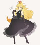  1girl bare_shoulders black_dress black_footwear black_legwear blonde_hair bowsette bracelet breasts brown_gloves character_name collar contrapposto crown dress earrings elbow_gloves full_body gloves grey_background high_heels highres horns jewelry large_breasts lizard_tail long_dress super_mario_bros. new_super_mario_bros._u_deluxe nintendo ooyari_ashito pantyhose red_eyes sideboob simple_background smile solo spiked_bracelet spiked_collar spikes standing super_crown tail thick_eyebrows 