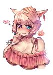  1girl ahoge animal_ears bikini blue_eyes blush breasts cat_ears choker cleavage disembodied_limb earrings ears_down eyebrows_visible_through_hair final_fantasy final_fantasy_xiv heart heterochromia huge_ahoge jewelry looking_at_viewer miqo&#039;te nose_blush osiimi parted_lips petting pink_eyes pink_hair short_hair signature simple_background slit_pupils solo_focus spoken_blush spoken_heart swimsuit upper_body whisker_markings white_background 