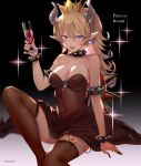  1girl alcohol bare_shoulders blonde_hair blue_eyes bowsette bracelet breasts cleavage collar crown cup dress drinking_glass earrings horns jewelry large_breasts long_hair looking_at_viewer super_mario_bros. nabenoki nintendo pointy_ears ponytail sharp_teeth smile solo spiked_bracelet spiked_collar spikes super_crown teeth wine wine_glass 