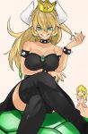  2girls absurdres armlet bare_shoulders black_dress blonde_hair blue_eyes bowsette bracelet breasts collar crown dress highres horns jewelry maichaoko super_mario_bros. multiple_girls new_super_mario_bros._u_deluxe nintendo ponytail princess_peach spiked_bracelet spiked_collar spiked_tail spikes super_crown super_mario_bros. tail turtle_shell 