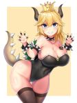  1girl bare_shoulders beeyan black_legwear blonde_hair blue_eyes blush bowsette bracelet breasts cleavage crown grin highres horns jewelry leotard long_hair looking_at_viewer super_mario_bros. navel nintendo sharp_teeth smile solo spiked_bracelet spikes super_mario_bros. tail teeth thigh-highs turtle_shell 