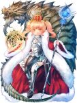  1girl armor ayachi_pbw blonde_hair brown_eyes crown dragon eastern_dragon full_body fur_trim greaves holding holding_staff invisible_chair kerberos_blade looking_at_viewer magic_circle official_art red_robe short_twintails sidelocks sitting staff twintails white_legwear wide_sleeves 