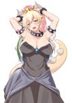 1girl :p absurdres armlet armpits arms_up bangs black_dress blonde_hair blue_eyes blush bowsette bracelet breasts cleavage collar crown dress earrings eyebrows_visible_through_hair hair_between_eyes heart heart-shaped_pupils highres horns jewelry large_breasts looking_at_viewer new_super_mario_bros._u_deluxe nintendo pointy_ears sapphire_(stone) sash sharp_teeth simple_background solo spiked_bracelet spiked_collar spiked_tail spikes strapless strapless_dress super_crown super_mario_bros. symbol-shaped_pupils tail teeth tonbo tongue tongue_out turtle_shell white_background