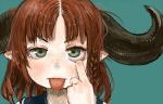  1girl :p blue_sailor_collar braid brown_hair commentary_request ebimomo green_background green_eyes horns looking_at_viewer medium_hair original pointy_ears portrait sailor_collar shirt simple_background solo tongue tongue_out white_shirt 
