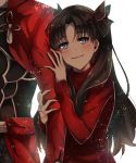  1boy 1girl archer arm_grab black_bow blue_eyes blush bow brown_hair eyebrows_visible_through_hair fate/stay_night fate_(series) getsuyoubi hair_bow highres long_hair red_sweater simple_background smile sweater tohsaka_rin twintails very_long_hair white_background 