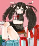  1girl :o barefoot black_eyes black_hair black_skirt blush box commentary_request ebimomo gift hair_ribbon holding horns long_hair original parted_lips pink_background pleated_skirt pointy_ears ribbon simple_background sitting skirt solo stool twintails white_ribbon 